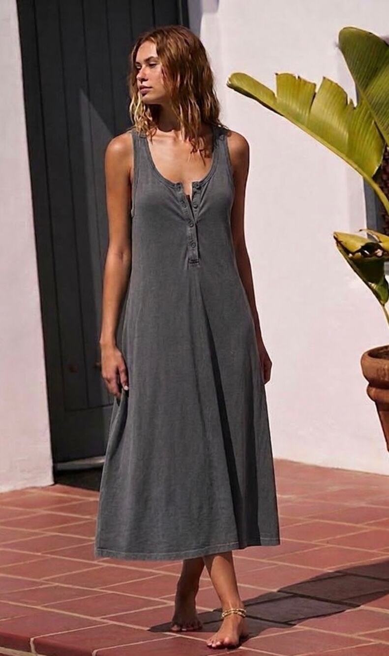 Anthropologie X The Great• Slim Henley Tank Dress Washed Black/ Grey 100% Cotton